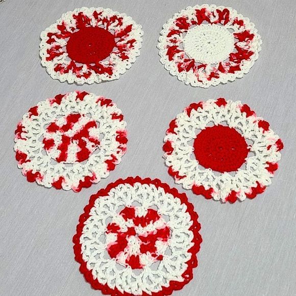 Hand Crafted Other - Set of 5 Peppermint Doilies 8" Handcrafted Crochet Christmas
